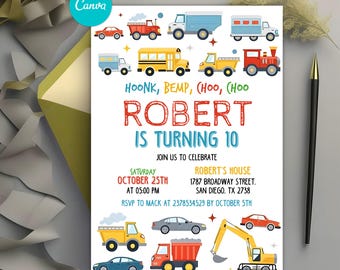 Transportation Birthday Invitation, Truck and Cars Birthday Party Invitation, Cars Invitation Template, Editable Printable, Instant Download