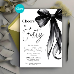 Può includere: Un invito di compleanno in bianco e nero con un grande fiocco nero in alto. L'invito dice "Cheers to Forty" e include i dettagli della festa di compleanno per il 40° anniversario di Samuel Smith.