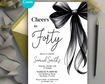 Coquette Black Bow 40th Invitation, Editable Fortieth Birthday Party Invite, Digital Black Ribbon, 30th, 40th, 50th Birthday Invitation