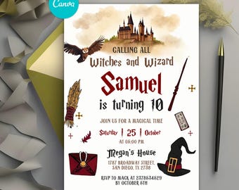 Wizards Witches Birthday Invitation, Magical Birthday Invitation, Castle Wizardry Party Invite, Magic Party, Editable Canva Template