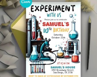 May include: A colorful birthday invitation with a science theme. The invitation features a microscope, beakers, and test tubes. The text reads "Experiment with us" and "Samuel's 10th Birthday".