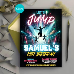 Faire-part d'anniversaire de fête du parc de trampoline, faire-part de fête de saut, invitations de parc de trampoline, sautons la fête, numérique modifiable imprimable