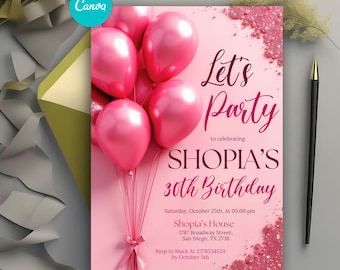 Editable Pink Glitter Balloons Birthday Invitation, Let's Party Pink Glitter Invitation, Pink Glitter Invitation Template, Instant Download