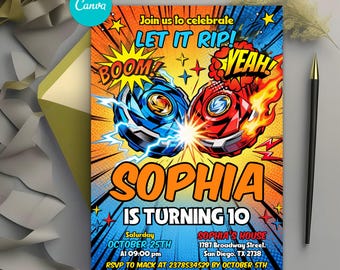 Blade Tournament Party Invitation, Spinning Toy Birthday Invite, Blade Inspired, Battle Invitation, Editable Canva Template