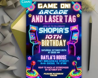 Arcade and Laser Tag Birthday Invitation, Neon Glow in the Dark Party, Video Game Night Invite, Retro Gamer, Editable Canva Template
