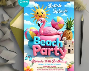 Beach Birthday Invitation Template, Beach Party Birthday Invitation, Summer Party Invite, Pool Birthday Party, Ocean Theme, Digital Editable