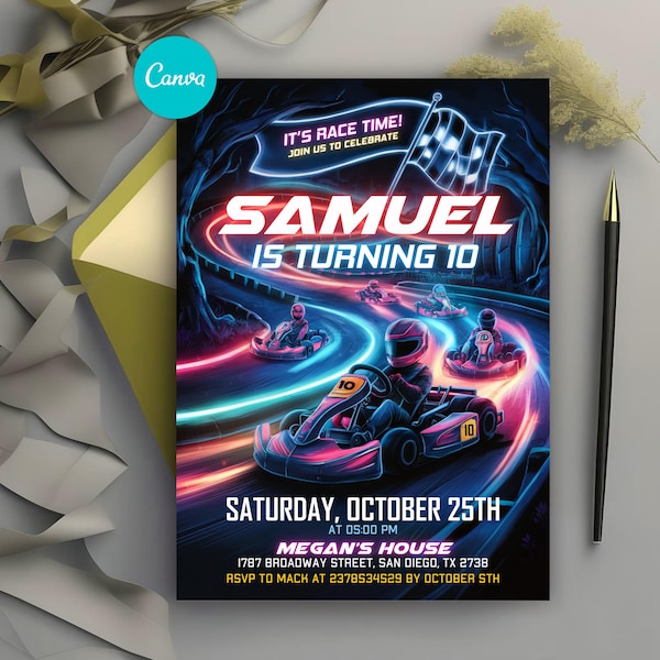 Editable Go Kart Invitation, Go Kart Birthday Party Invitation, Racing Invite, Race Car, Karting Invitation, Car Party Invite, Digital Canva