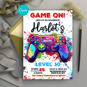 Editable Video Game Birthday Invitation, Gamer Party Invitation, Level Up Birthday Invite, Gaming Theme Party Invitation