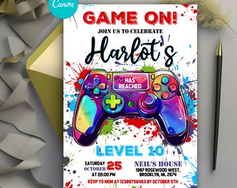 Editable Video Game Birthday Invitation, Gamer Party Invitation, Level Up Birthday Invite, Gaming Theme Party Invitation