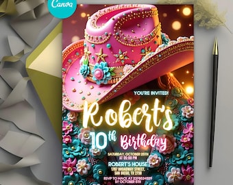 May include: A pink cowboy hat with gold and turquoise embellishments, surrounded by colorful flowers. The text "Robert's 10th Birthday" is written in neon pink and yellow letters. The invitation includes the date, time, location, and RSVP information.