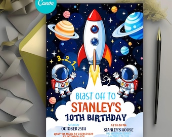 Editable Outer Space Birthday Invitation, Planets Rocket Ship Astronaut Invitation, Galaxy Invitation, Space Birthday Party Invitation