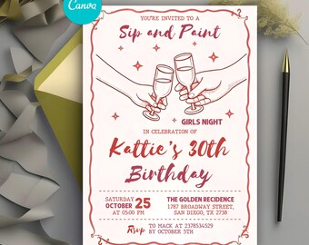 Peindre et siroter une invitation à une fête pour adultes 21, 30, 40 ans, une soirée entre filles, une invitation à une coquette, une invitation rétro rose et rouge, une invitation à siroter du vin