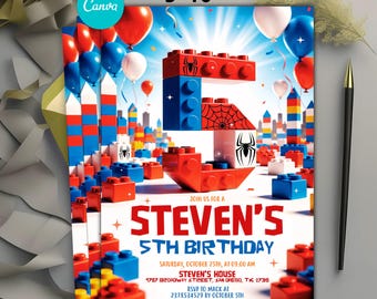 Spider Blocks Birthday Invitation, Superhero Building Block Boy Party, Red Blue Brick Hero Invite, Ages 3-10, Editable Canva Template