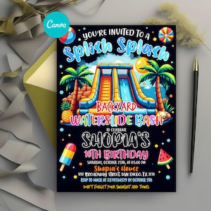Editable Waterslide Birthday Invitation, Summer Pool Birthday Party, Water Slide Bash Invitation, Splash Birthday Invite, Instant Download