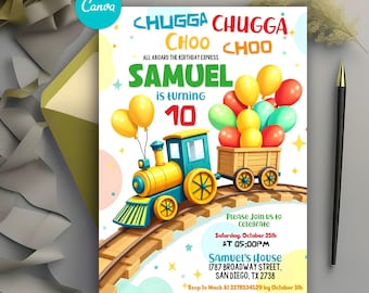 Editable Train Birthday Invitation Template, Chugga Chugga Choo Choo Train Party Invite For Any Age, Train Party Birthday Invite, Canva