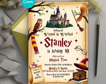Wizards Witches Birthday Invitation, Magical Birthday Party Invite, Castle Wizardry Party, Editable Canva Template