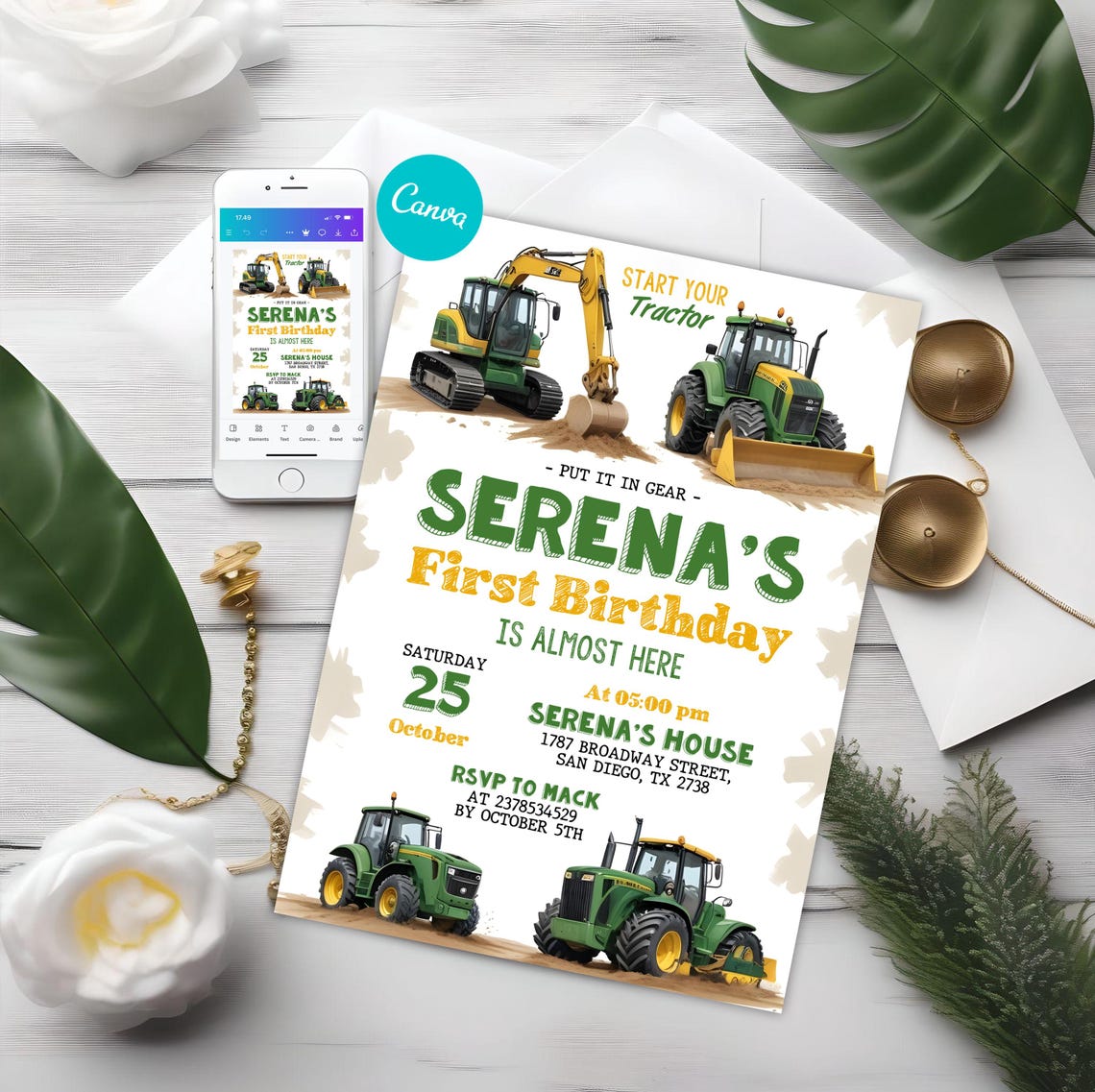Editable Green Tractor Birthday Invitation, Farm Vehicles Theme ...
