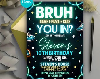 Invitación de cumpleaños editable de Bruh, invitación de Bruh azul verde neón, invitación de "Bruh, es mi cumpleaños", invitación de cumpleaños para adolescentes, descarga instantánea