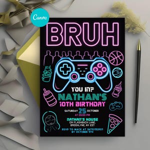 Bruh Birthday Invitation, BRUH YOU IN? Gamer Birthday Invitation, Any Age Birthday Party Invite, Teenager Boys Party, Editable Canva