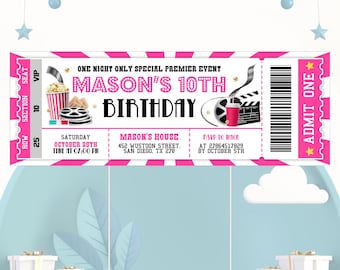 Editable Movie Ticket Birthday Invitation, Pink Girl Invitation, Movie Night Invite, Any Age Birthday Card, Printable, Instant Download