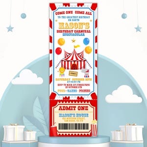 Carnival Circus Ticket Invitation, Carnival Birthday Invitation, Cirus Party Invite, Carnival Circus Ticket Invitation Editable Printable