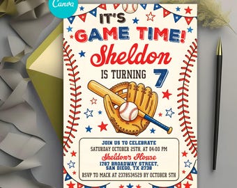 Baseball Birthday Invitation, Sports Party Invite, Rookie of the Year, Instant Download, Editable Canva Template