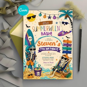May include: A Summerween Bash birthday invitation card featuring skeletons in sunglasses, a ghost on a surfboard, and beach elements. The text reads: It's a Summerween Bash! Join us to celebrate Steven's 7th Birthday! Saturday, October 25th at 6:00 PM.
