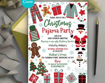 Christmas Pajama Party Invitation, Christmas Party Invitation, Pajama Invitation, Holiday Party Invitation, Editable Canva Template