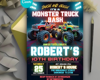 Edytowalne zaproszenie Monster Truck, zaproszenie urodzinowe Monster Truck, impreza Monster Truck, zaproszenie urodzinowe dla chłopców, natychmiastowe pobranie