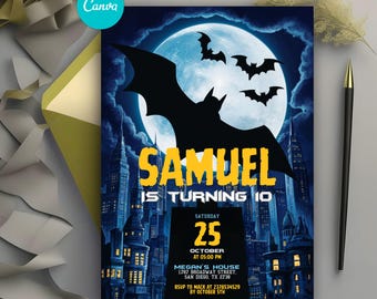 Superhero Birthday Invitation Template, Bat Party Invite, Printable Kids Birthday Invite, Digital Birthday Party Card, Editable Canva