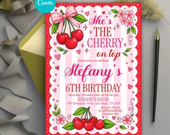 Faire-part d'anniversaire cerise, invitation à une fête d'anniversaire fille, rayures et noeud rose, vichy rose, modèle de toile modifiable