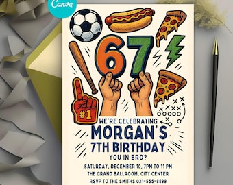 Six Seven Birthday Invitation Editable Sports Meme Party Invite, Funny Viral 67 Theme Digital Download Canva Template
