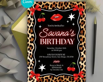Faire-part d'anniversaire guépard cerises, invitation rouge coquette noeud léopard, soirée entre filles glam, EVJF, modèle de toile modifiable