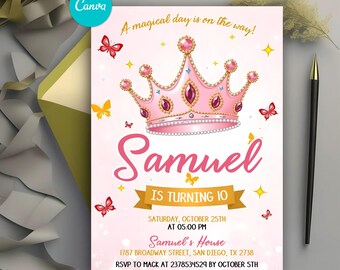 Faire-part d'anniversaire de princesse, faire-part d'anniversaire couronne de princesse, faire-part de fête de princesse rose, célébration magique, modifiable sur toile