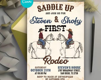 Junge Mädchen Geschwister Doppel-Geburtstagseinladung, Cowgirl Cowboy 1. Rodeo, Gemeinsame Geburtstagseinladung für Mädchen und Jungen, Bearbeitbare Canva-Vorlage