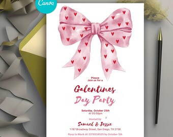 Galentines Girls Night Invitation Galentines Party Invitation Coquette Pink Bow Valentine's Day Red Heart Galentine's Day