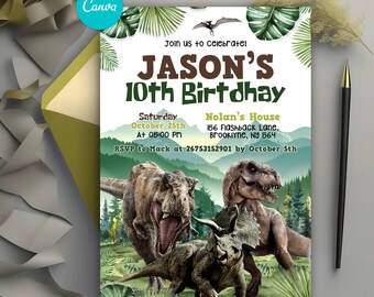 Convite para festa de aniversário de dinossauro, convite para o mundo dos dinossauros, convite para festa de T-Rex, convite para aniversário do parque dos dinossauros, qualquer idade, Digital Canva