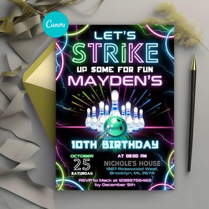 Bowling Birthday Invitation, Strike Up Some Fun Birthday Party Invitations, Glow Bowling Invitation, Neon Bowling Party, Glow Invitation