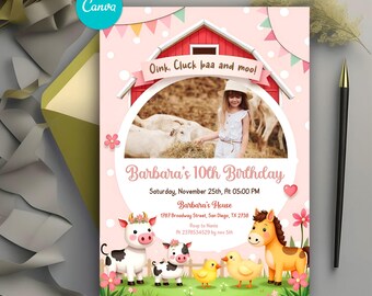 Farm Birthday Invitation Girl, Pink Barnyard Animals Party Invite, Editable Template, Cow Horse Chick Birthday, Printable Digital Download