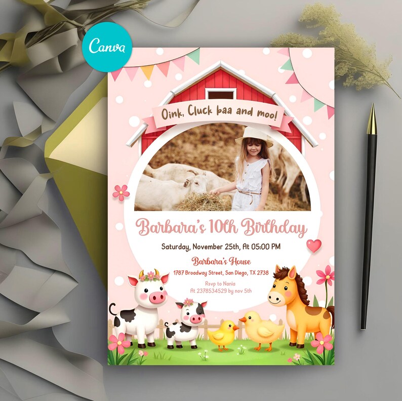 Farm Birthday Invitation Girl, Pink Barnyard Animals Party Invite ...