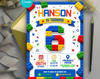 6th Building Block Birthday Invitation, Colorful Bricks Party Invite, Master Builders Birthday Party, Editable Canva Template