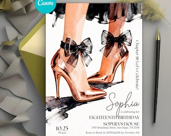 Black Bow High Heel Birthday Invitation, Parisian Chic Party Invite, Elegant Fashion Celebration, Dinner Party, Editable Canva Template