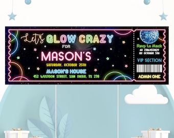 Editable Glow Birthday Invitation, Glow Ticket Party Invitation, Glow in the Dark Invitation, Neon Glow Ticket Invitation, Any Age Invite