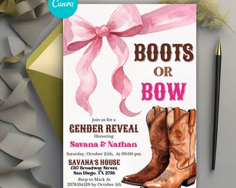 Boots or Bows Gender Reveal Invitation, Watercolor Western Theme Party, Pink and Brown Cowboy Invite, Coquette Aesthetic, Editable Canva