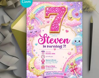 Rainbow Sequin Birthday Invitation, Sparkly Heart Party Invite, Glitter Sequins Number Birthday Party, Ages 5-10, Editable Canva Template