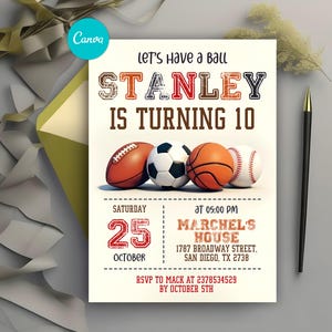 Editable Sports Birthday Invitation, Ball Sports Birthday Party Invitation, Sports Theme Invitation, Baseball Football Soccer Basketball