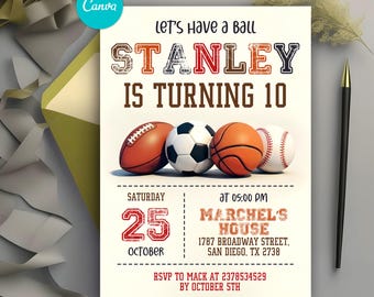 Invito di compleanno sportivo modificabile, invito per festa di compleanno con sport di palla, invito a tema sportivo, baseball, calcio, basket