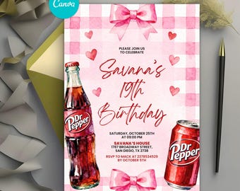 Dr Pepper Birthday Invitation, Watercolor Soda Party Invite, Pink Gingham Coquette Birthday, Bbq Potluck Pepper, Editable Canva Template