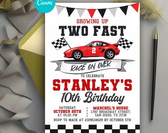 Invito di compleanno Two Fast, invito per il secondo compleanno di un'auto da corsa, invito per la festa di compleanno Two Fast, modello Canva modificabile