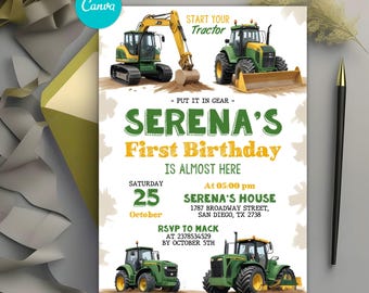 Editable Green Tractor Birthday Invitation, Farm Vehicles Theme Birthday Invite, Tractor Birthday Party Invitation, Instant Download